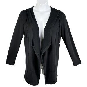 Pure Jill Womens S Black Hooded Cardigan Pockets Jersey Open Front Athleisure
